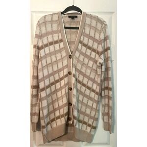 Ann Taylor Woman's Sweater Cardigan Medium Tan Pink Hue Plaid Long Soft Viscous
